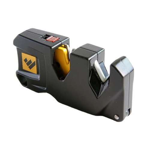 Compact black handheld knife sharpener with yellow and silver sharpening components, designed for quick and easy blade maintenance, featured in sharpening, kitchen, and hardware collections.
