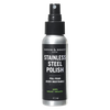 Silver spray bottle of natural stainless steel polish with black label and pump top, made for Home & Decor and Household Cleaning collections.