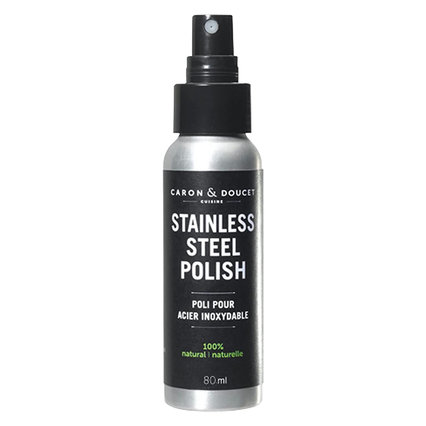 Silver spray bottle of natural stainless steel polish with black label and pump top, made for Home & Decor and Household Cleaning collections.