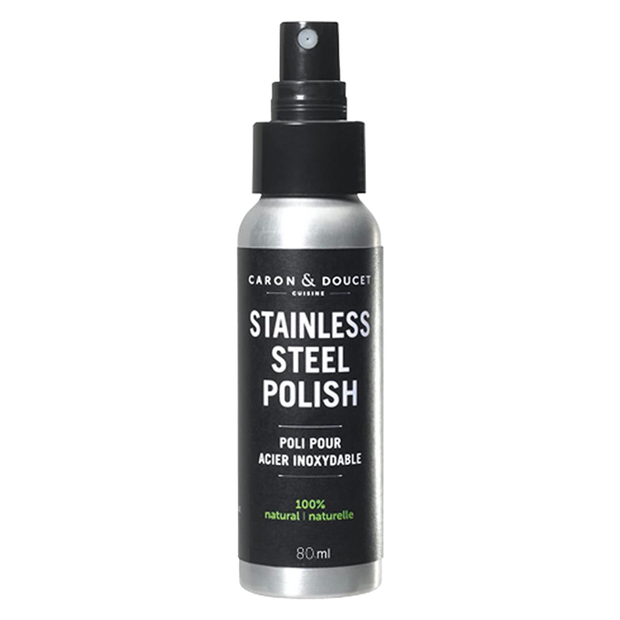 Silver spray bottle of natural stainless steel polish with black label and pump top, made for Home & Decor and Household Cleaning collections.