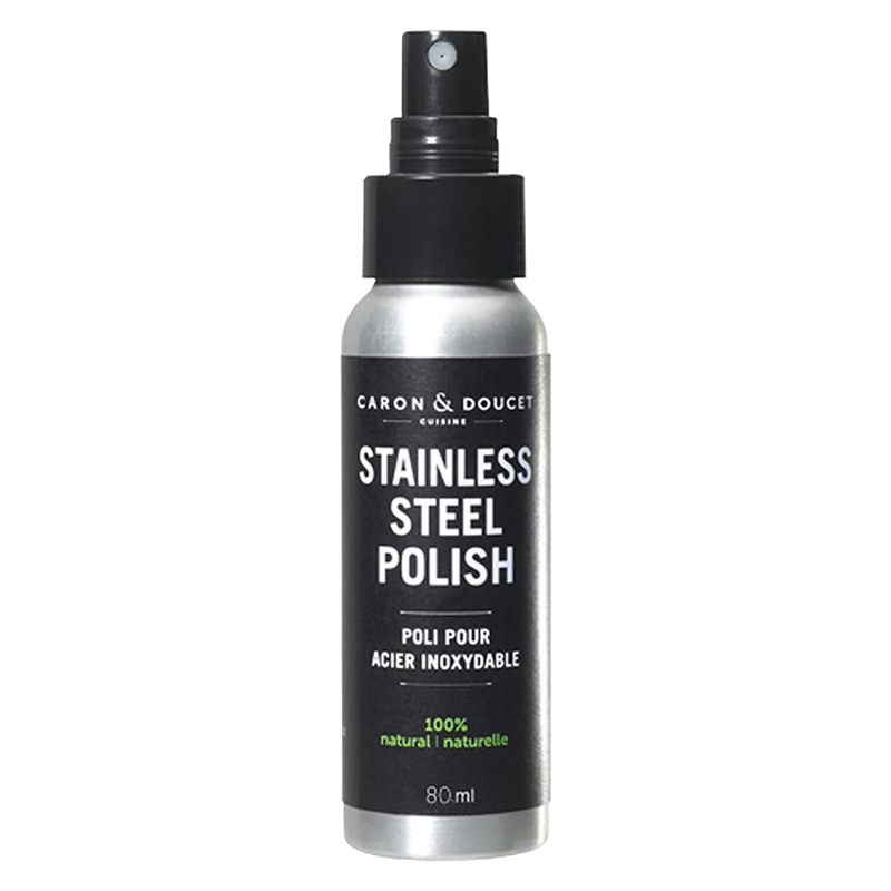 Silver spray bottle of natural stainless steel polish with black label and pump top, made for Home & Decor and Household Cleaning collections.