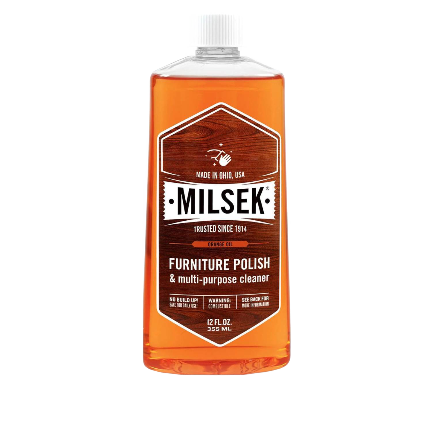Amber liquid in a clear plastic bottle of wood furniture polish and multi-purpose cleaner with white screw cap, highlighting handmade quality and USA Made attributes for home care collections.