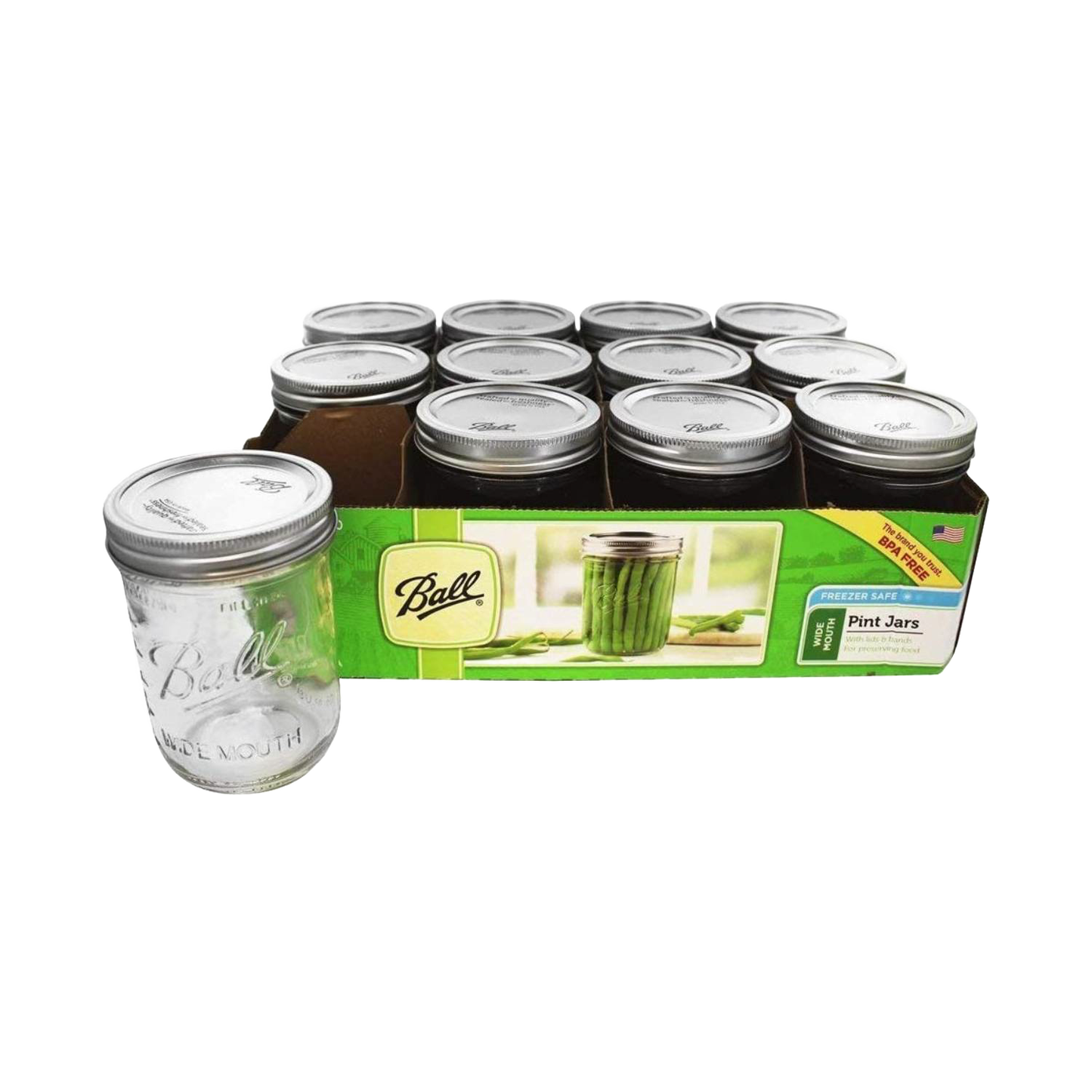 Pack of twelve clear glass wide-mouth pint jars with metal lids and bands, handcrafted and made in USA, perfect for Kitchen & Food, Food Preservation, Canning, and Canning Jars and Accessories collections.