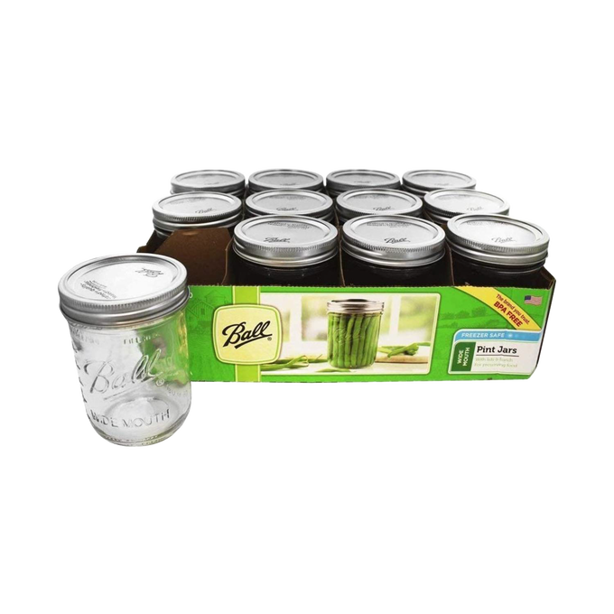 Pack of twelve clear glass wide-mouth pint jars with metal lids and bands, handcrafted and made in USA, perfect for Kitchen & Food, Food Preservation, Canning, and Canning Jars and Accessories collections.