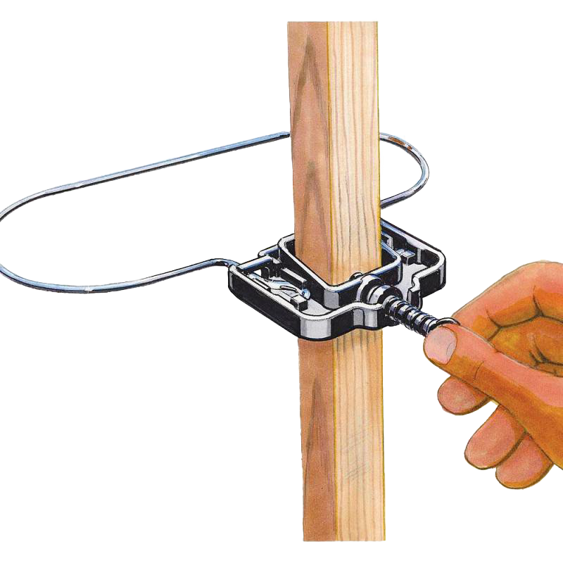 Hand tightening a resin clamp to secure a galvanized steel ring around a wooden stake, designed for tomato plant support in farm and garden settings, USA made and best seller.