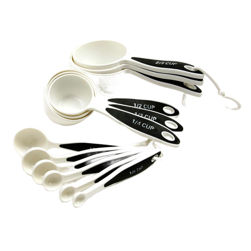 Set of 12 measuring cups and spoons featuring non-slip ergonomic grips designed for both right and left hand use, ideal for Kitchen & Food, Baking Supplies, and Food Prep collections.