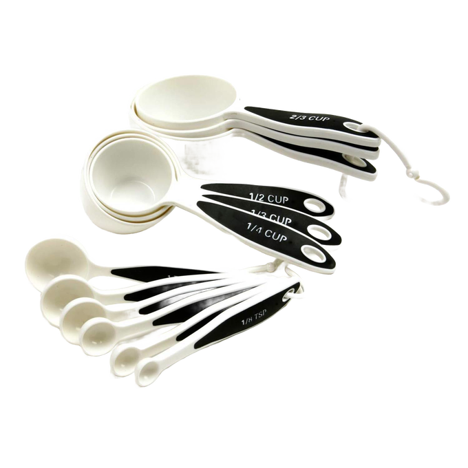 Set of 12 measuring cups and spoons featuring non-slip ergonomic grips designed for both right and left hand use, ideal for Kitchen & Food, Baking Supplies, and Food Prep collections.
