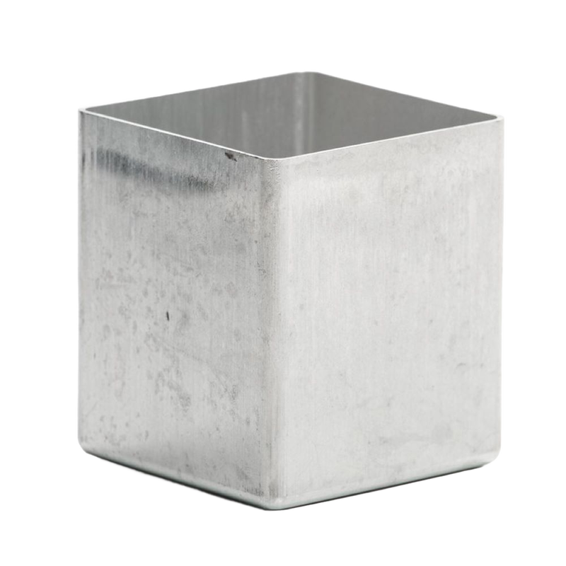 Durable one-piece aluminum square candle mold with smooth sides and no seams, designed for easy release, part of candles, candlemaking supplies, lamps & lighting, and USA made collections.