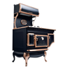 Vintage-style stove featuring a smooth black porcelain surface with gleaming copper trim, handcrafted and part of the Stoves, Ranges, Best Sellers, and All Stoves & Appliances collections.