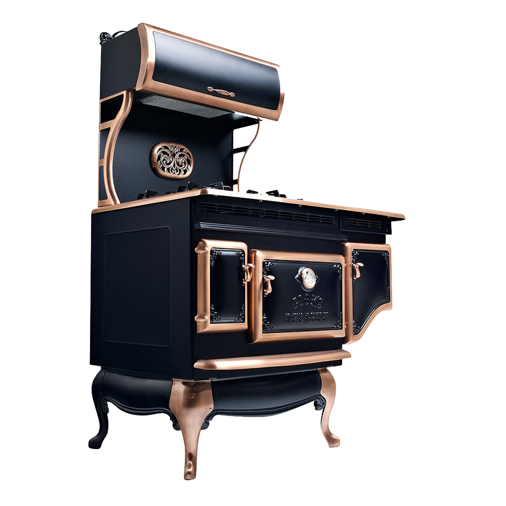 Vintage-style stove featuring a smooth black porcelain surface with gleaming copper trim, handcrafted and part of the Stoves, Ranges, Best Sellers, and All Stoves & Appliances collections.