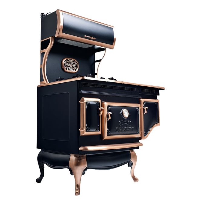 Vintage-style stove featuring a smooth black porcelain surface with gleaming copper trim, handcrafted and part of the Stoves, Ranges, Best Sellers, and All Stoves & Appliances collections.