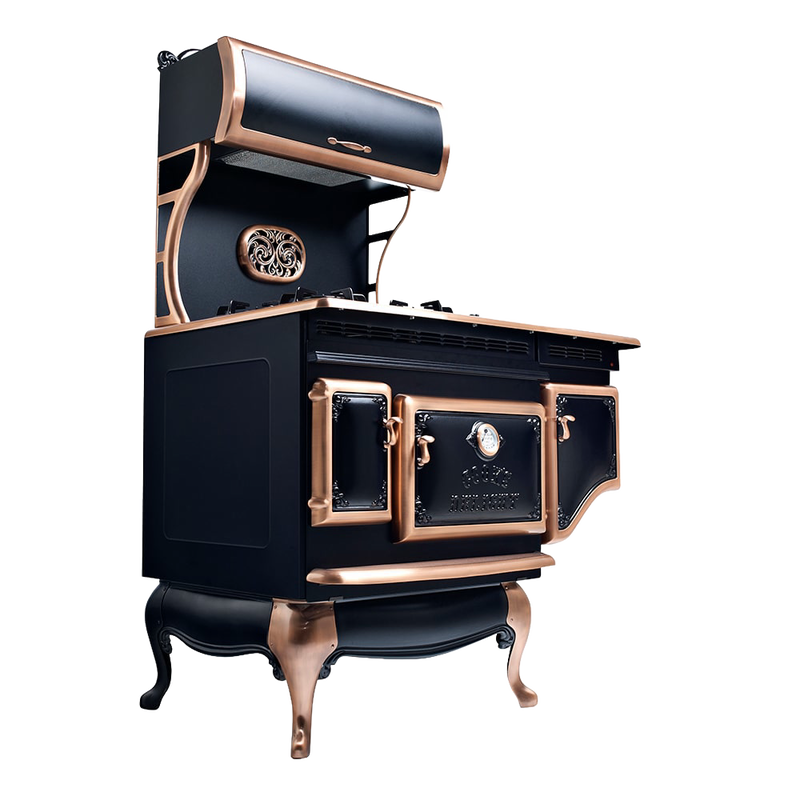 Vintage-style stove featuring a smooth black porcelain surface with gleaming copper trim, handcrafted and part of the Stoves, Ranges, Best Sellers, and All Stoves & Appliances collections.