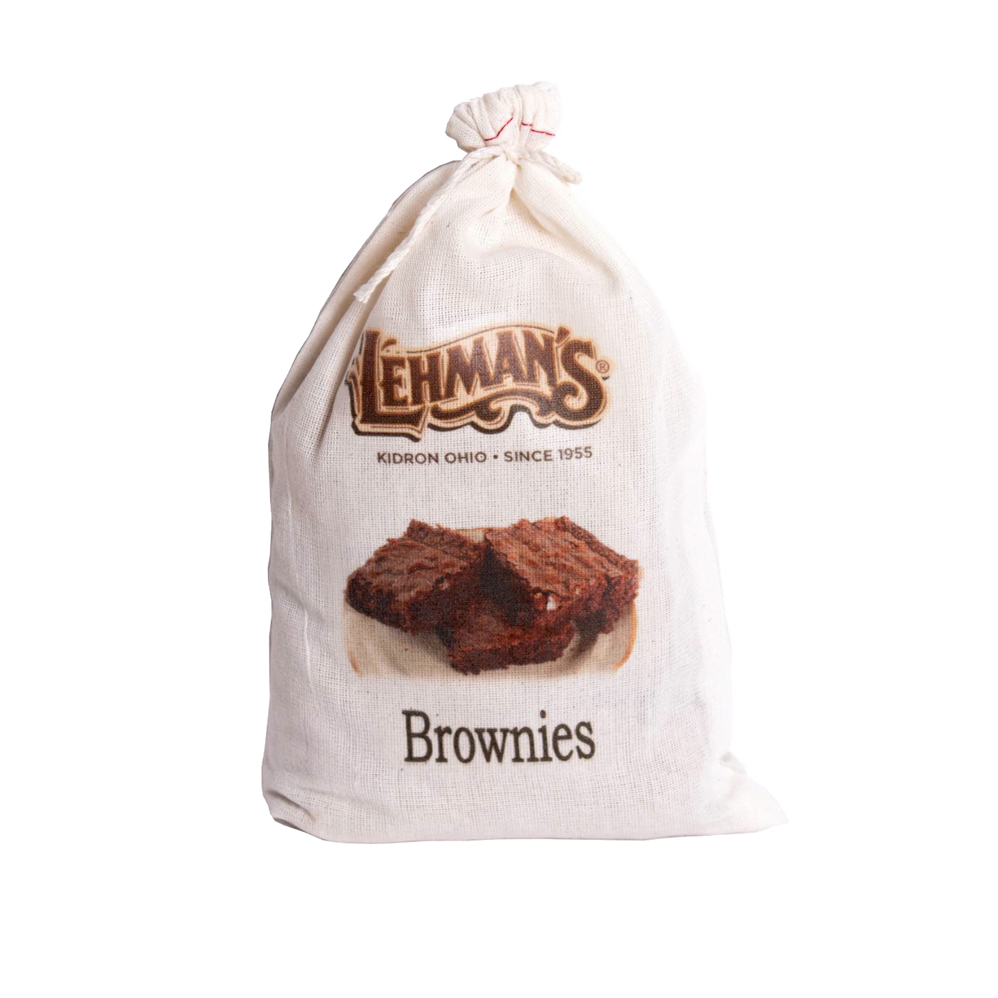Natural cotton drawstring bag with vintage-style Lehman's logo and an image of rich chocolate brownies, embodying exclusive, handmade quality from the USA in Kitchen & Food collections.