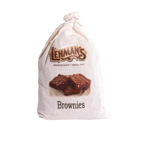 Natural cotton drawstring bag with vintage-style Lehman's logo and an image of rich chocolate brownies, embodying exclusive, handmade quality from the USA in Kitchen & Food collections.