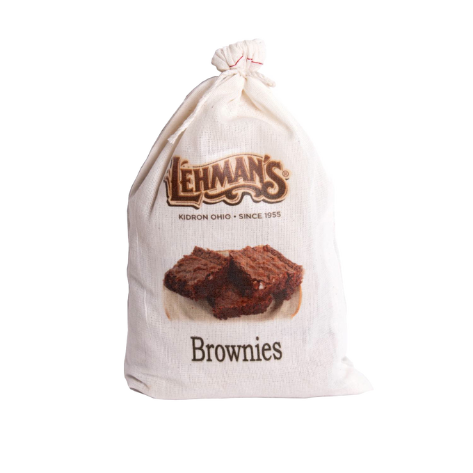 Natural cotton drawstring bag with vintage-style Lehman's logo and an image of rich chocolate brownies, embodying exclusive, handmade quality from the USA in Kitchen & Food collections.