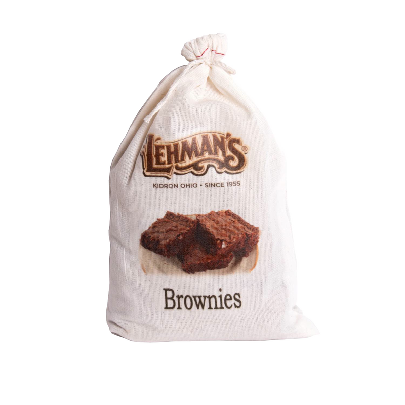 Natural cotton drawstring bag with vintage-style Lehman's logo and an image of rich chocolate brownies, embodying exclusive, handmade quality from the USA in Kitchen & Food collections.