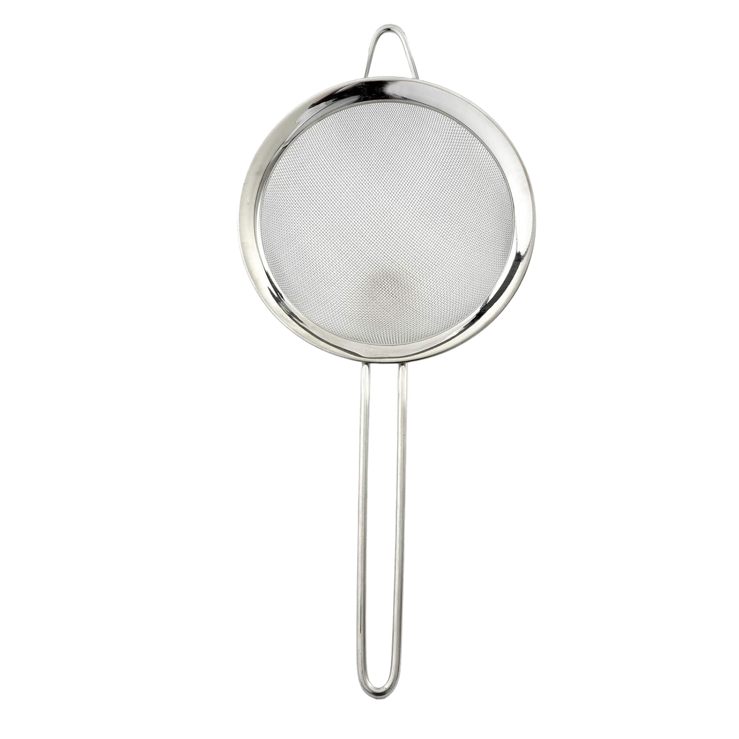 Stainless steel mesh strainer with long handle and resting ring for secure pot or bowl placement, designed for food preparation in Kitchen & Food, Kitchen Gadgets, Cooking and Baking Helpers, and Best Sellers collections.
