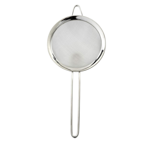 Stainless steel mesh strainer with long handle and resting ring for secure pot or bowl placement, designed for food preparation in Kitchen & Food, Kitchen Gadgets, Cooking and Baking Helpers, and Best Sellers collections.