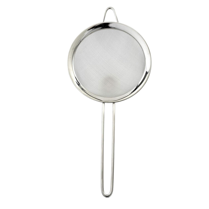 Stainless steel mesh strainer with long handle and resting ring for secure pot or bowl placement, designed for food preparation in Kitchen & Food, Kitchen Gadgets, Cooking and Baking Helpers, and Best Sellers collections.