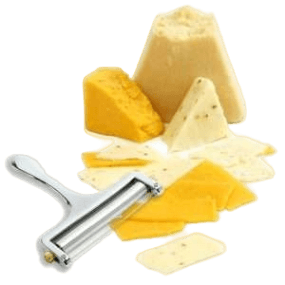 Handheld adjustable cheese slicer made of heavy-duty zinc alloy with extra cutting wire, shown slicing various cheeses; ideal for Kitchen & Food, Food Prep, and Kitchen Gadgets collections.