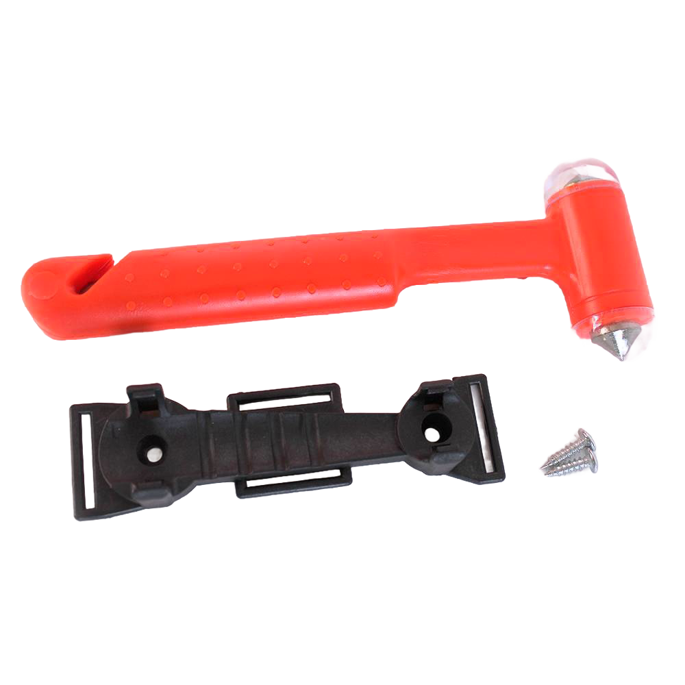 Bright orange emergency hammer with pointed metal tip and black mounting bracket, designed for vehicle escape, featured in Farm, Garden & Tool, Emergency Supplies, and Best Sellers collections.