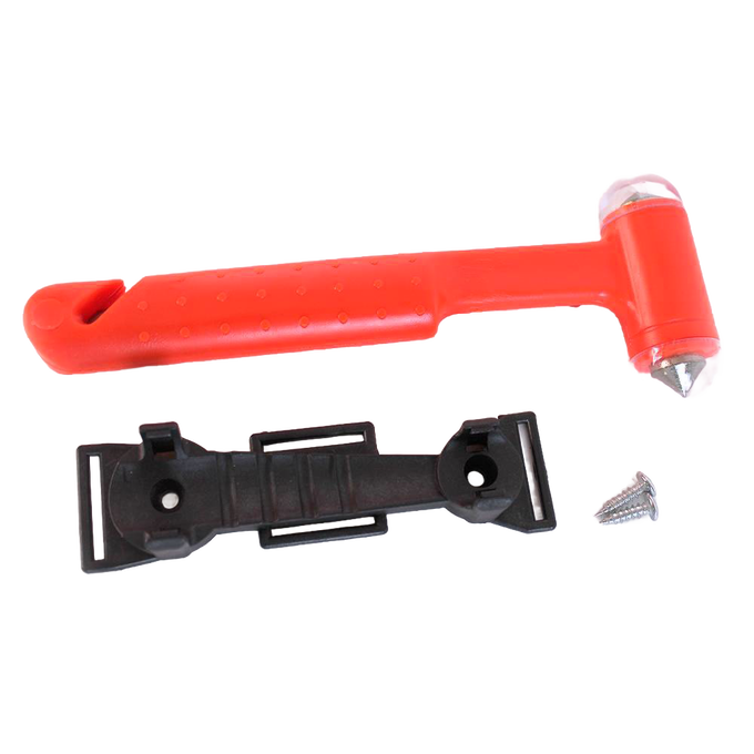 Bright orange emergency hammer with pointed metal tip and black mounting bracket, designed for vehicle escape, featured in Farm, Garden & Tool, Emergency Supplies, and Best Sellers collections.