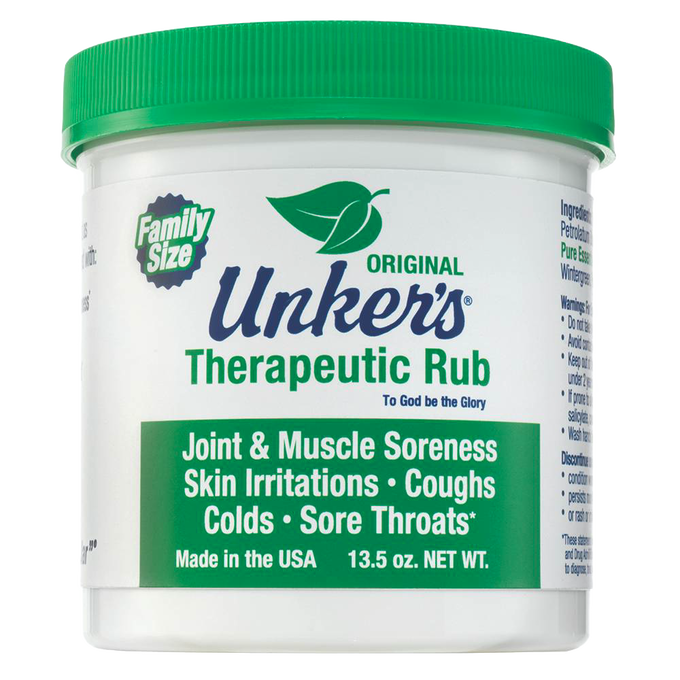 White jar with green lid of handcrafted therapeutic rub for joint and muscle relief, soothing skin irritations, coughs, colds, and sore throats, made in USA, featured in Health & Wellness and Best Sellers collections.