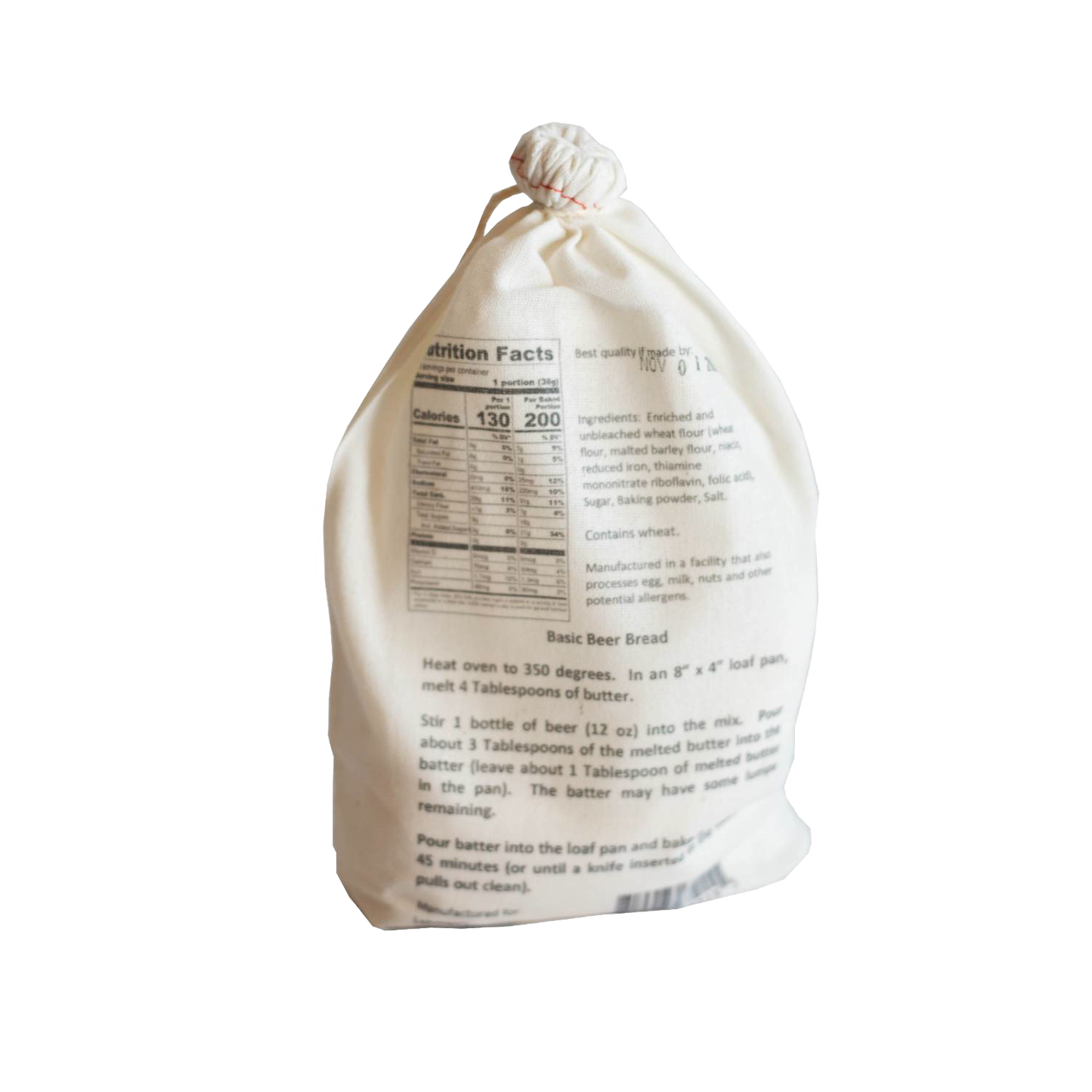 Soft fabric drawstring bag containing handcrafted bread mix with nutritional facts and baking instructions, perfect for Kitchen & Food, Pantry, Dry Goods and Mixes, Best Sellers, and Promo Eligible collections.