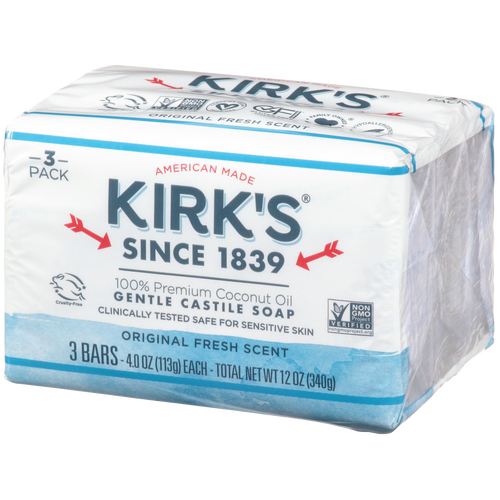 Three-pack of American made gentle castile soap bars with original fresh scent, crafted using premium coconut oil, ideal for health, grooming, and personal hygiene collections.