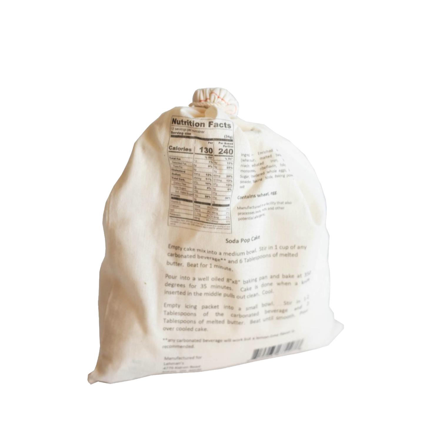 Natural fabric drawstring bag featuring handcrafted cake mix with printed nutrition facts and baking instructions, exclusive for Kitchen & Food, Pantry, Dry Goods and Mixes, Best Sellers, and Promo Eligible collections.