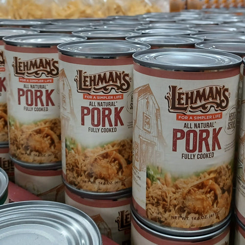 Stacks of handcrafted all-natural fully cooked pork cans with rustic barn illustration, ideal for Farm, Garden & Tool, Kitchen & Food, Emergency Supplies, Meats, Food, Best Sellers, and Promo Eligible collections.