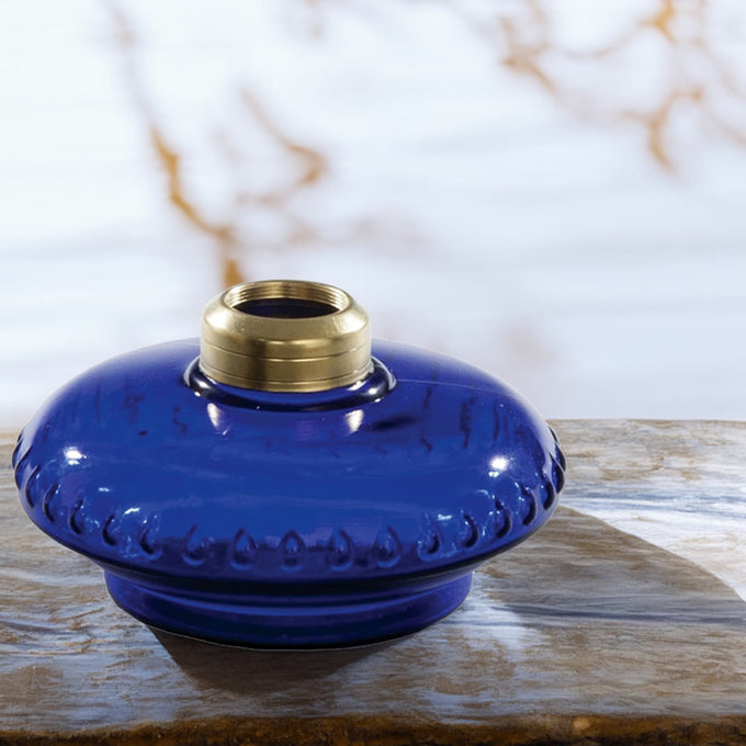 Deep blue glass lamp font with a polished brass collar, handcrafted and designed for use in lamps and lighting, oil lamps, wall lamps, and featured in best sellers and promo eligible collections.