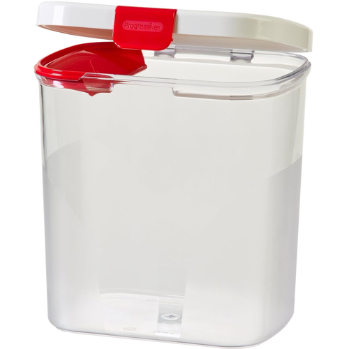 Clear plastic flour storage container with a white hinged lid and red pouring spout, designed to keep flour fresh and organized; featured in Kitchen & Food, Storage and Serving, Best Sellers, and Promo Eligible collections.