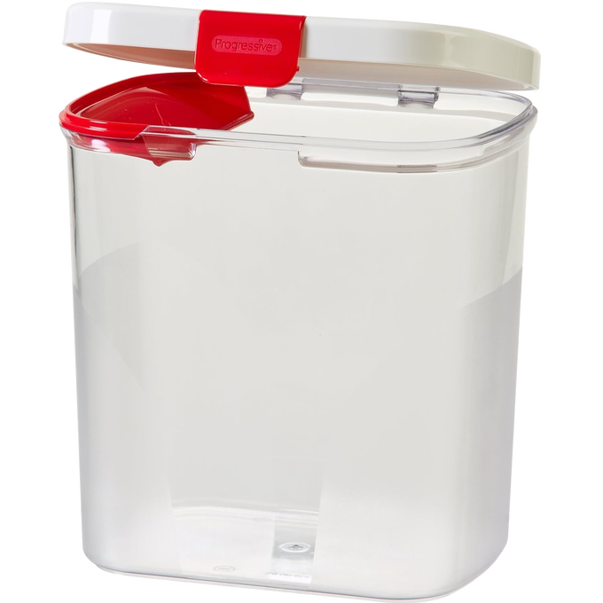 Clear plastic flour storage container with a white hinged lid and red pouring spout, designed to keep flour fresh and organized; featured in Kitchen & Food, Storage and Serving, Best Sellers, and Promo Eligible collections.