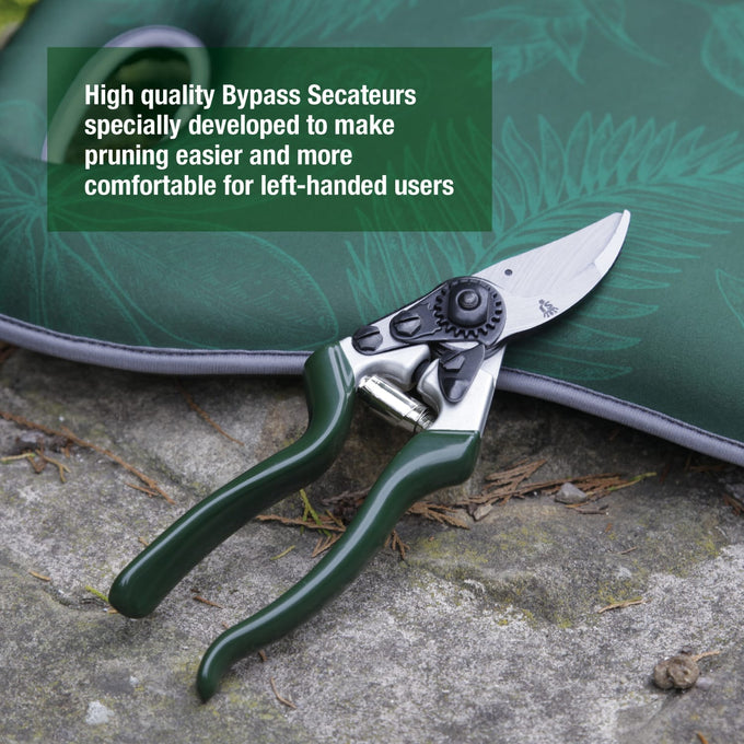 Left-handed bypass pruners with razor-sharp notched blade and ergonomic green handles, designed for precise pruning, featured in Farm, Garden & Tool, Garden Accessories, and Best Sellers collections.
