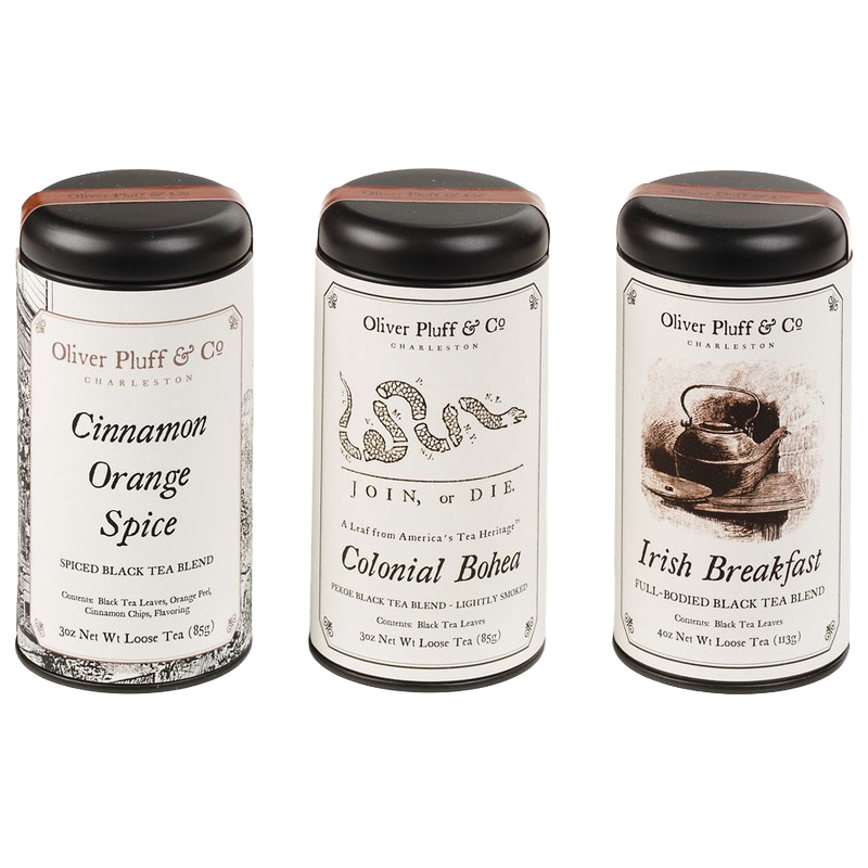 Set of three handcrafted loose leaf black teas in decorative tins featuring cinnamon orange spice, colonial bohea, and Irish breakfast blends, made in USA, perfect for Kitchen & Food, Food, Beverages, USA Made, Best Sellers, and Promo Eligible collections.