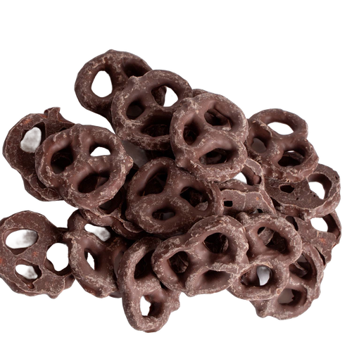 Pile of handcrafted mini pretzels coated in rich dark chocolate, made in USA, a delicious snack for Kitchen & Food, Snacks and Sweets, Candy, USA Made, Best Sellers, and Promo Eligible collections.
