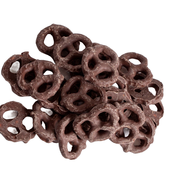 Pile of handcrafted mini pretzels coated in rich dark chocolate, made in USA, a delicious snack for Kitchen & Food, Snacks and Sweets, Candy, USA Made, Best Sellers, and Promo Eligible collections.