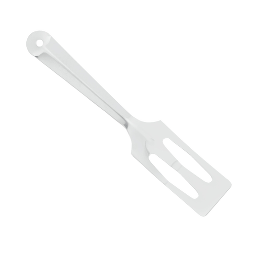 White plastic kitchen spatula with a slotted, angled blade and slightly tapered handle, designed for mixing and serving, part of Kitchen & Food, Storage and Serving, USA Made, and Best Sellers collections.