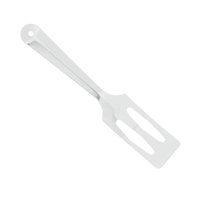 White plastic kitchen spatula with a slotted, angled blade and slightly tapered handle, designed for mixing and serving, part of Kitchen & Food, Storage and Serving, USA Made, and Best Sellers collections.