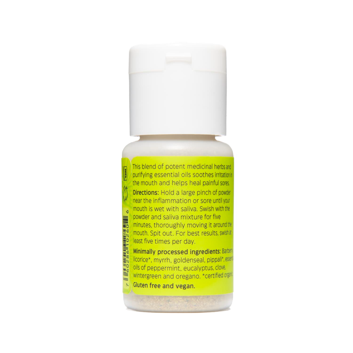 Small white plastic bottle of handcrafted tooth powder for soothing inflamed gums and mouth sores, featuring natural herbs and essential oils, made in USA, in Health & Wellness and Grooming collections.