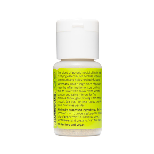 Small white plastic bottle of handcrafted tooth powder for soothing inflamed gums and mouth sores, featuring natural herbs and essential oils, made in USA, in Health & Wellness and Grooming collections.