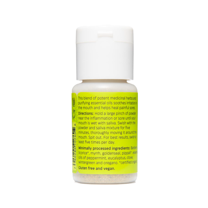 Small white plastic bottle of handcrafted tooth powder for soothing inflamed gums and mouth sores, featuring natural herbs and essential oils, made in USA, in Health & Wellness and Grooming collections.