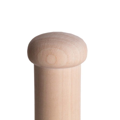 Close-up of the smooth, rounded end of a handcrafted birch wood mallet handle, Amish made in the USA, perfect for farm, garden, and wood cutting tool collections.