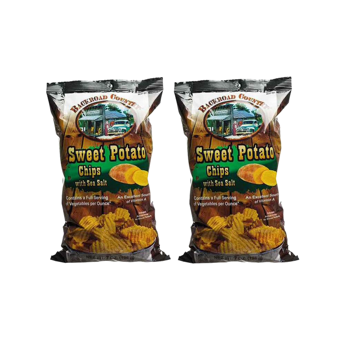 Two handcrafted bags of sweet potato chips with sea salt, gluten free and made in USA, part of Kitchen & Food, Snacks and Sweets collections.