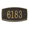 Custom black address plaque with raised gold numbers and detailed border, handcrafted in the USA, perfect for adding curb appeal from Home & Decor and Mailboxes and Address Signs collections.