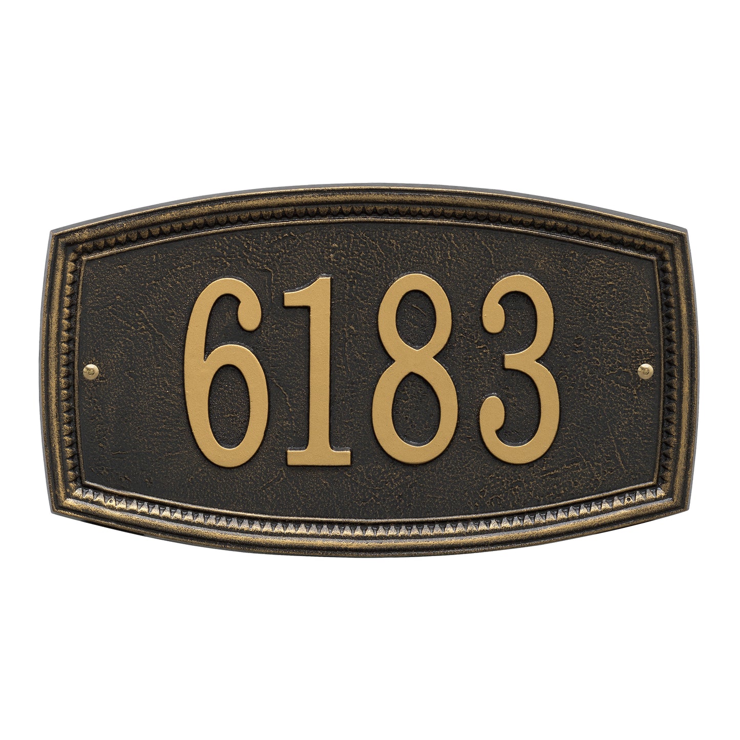 Custom black address plaque with raised gold numbers and detailed border, handcrafted in the USA, perfect for adding curb appeal from Home & Decor and Mailboxes and Address Signs collections.