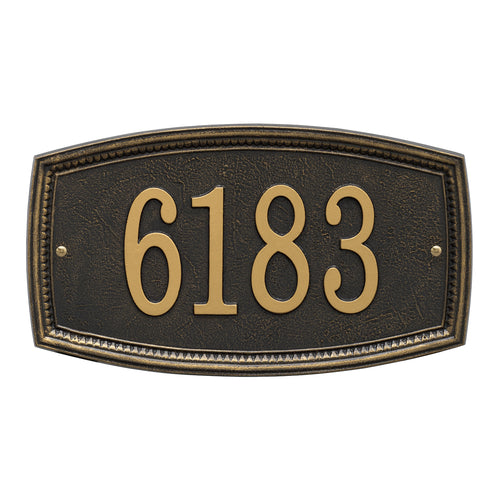 Custom black address plaque with raised gold numbers and detailed border, handcrafted in the USA, perfect for adding curb appeal from Home & Decor and Mailboxes and Address Signs collections.