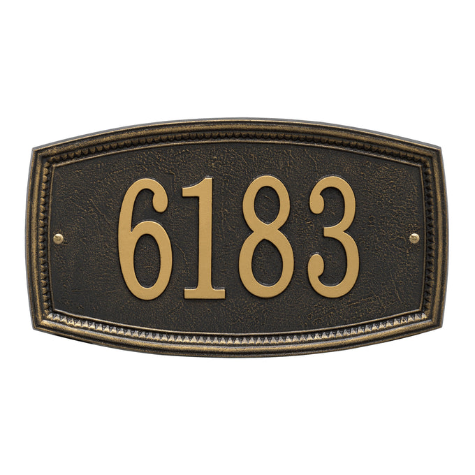 Custom black address plaque with raised gold numbers and detailed border, handcrafted in the USA, perfect for adding curb appeal from Home & Decor and Mailboxes and Address Signs collections.
