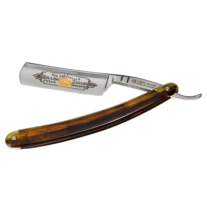 Handcrafted straight razor with a hollow ground steel blade featuring vintage engraving and a polished brown handle, perfect for Grooming and Personal Hygiene, Health & Wellness, and Best Sellers collections.